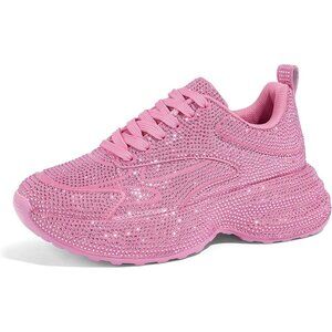 Women's Rhinestone Pink Chunky Sparkly Casual Shiny Sneakers Shoes Footwear